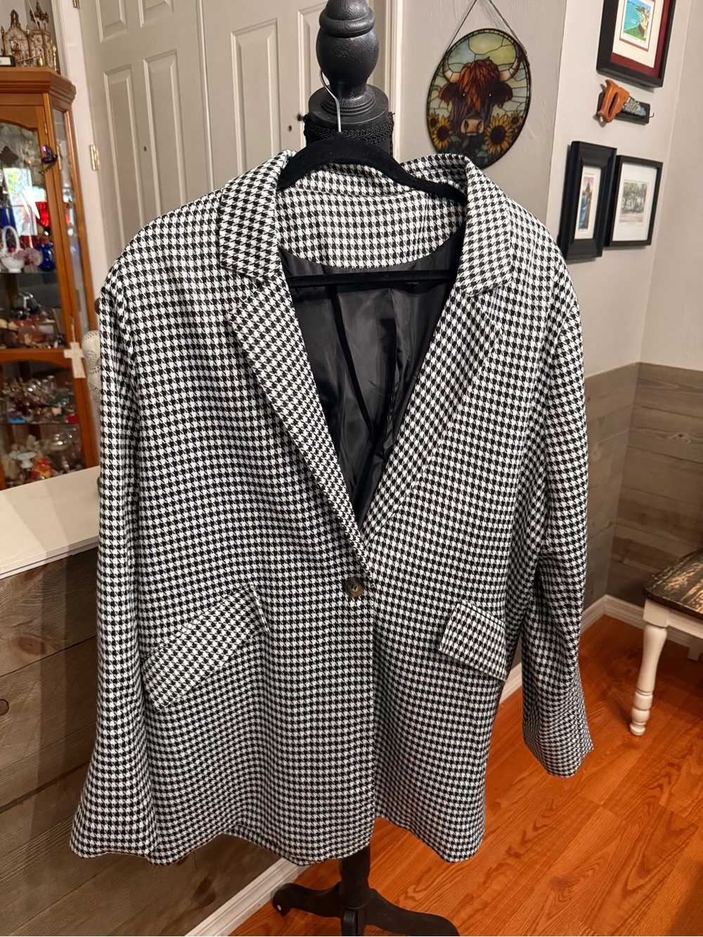Houndstooth Single-Button Blazer Jacket - Black & White